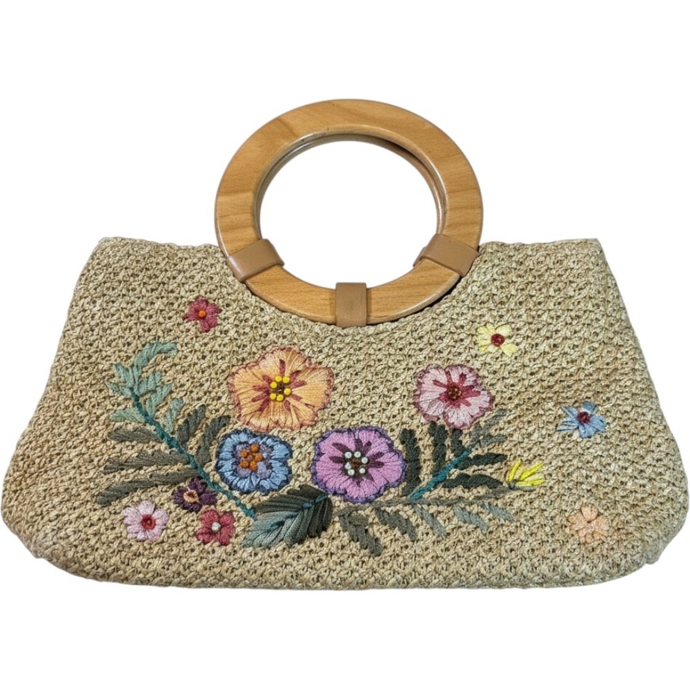 Floral Embroidered Woven Straw Handbag with Round Handles Tan Boho